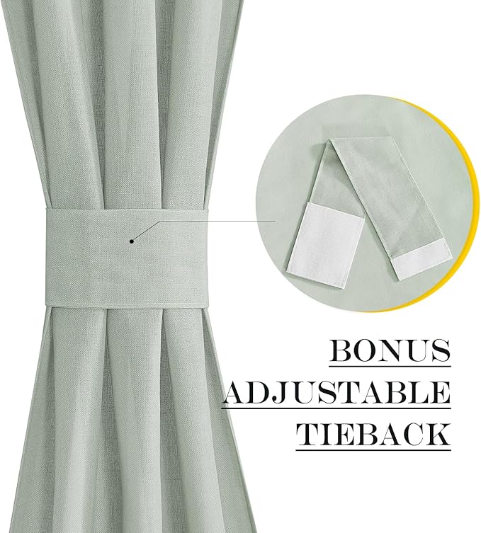 NICETOWN Sage Green Window Curtains Linen Blended, Privacy French Door Curtains Thermal Insulated Covering for Patio Glass Front with Tieback, W52 x L72 inch, 1 Panel