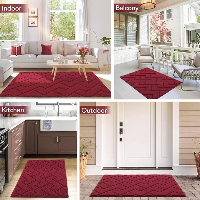 hicorfe Front Door Mat Outside Entrance,36"x59" Absorbent Muddy Dirt Resist Welcome Door Mats Outdoor Indoor,Stain and Fade Resistant,Non Slip Backing Entry Mat Doormat for Entryway(Red)