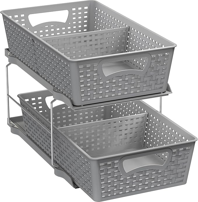 Simple Houseware 2 Tier Bathroom Organizer Tray Pull-Out Sliding Drawer/Under-Sink Storage, Grey