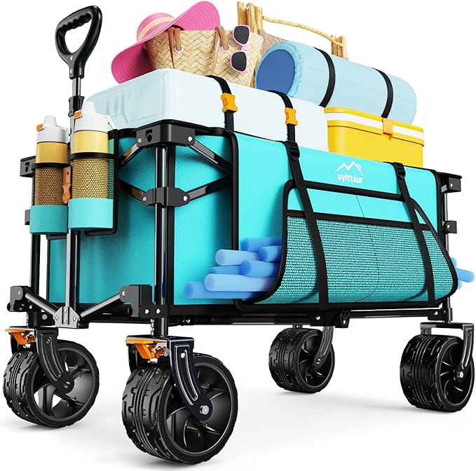 Collapsible Wagon Cart Heavy Duty Foldable, Folding Beach Wagon with Big Wheels for Sand, Utility Grocery Cart with Side Pocket and Brakes for Sports Outdoor Activities, Light Blue