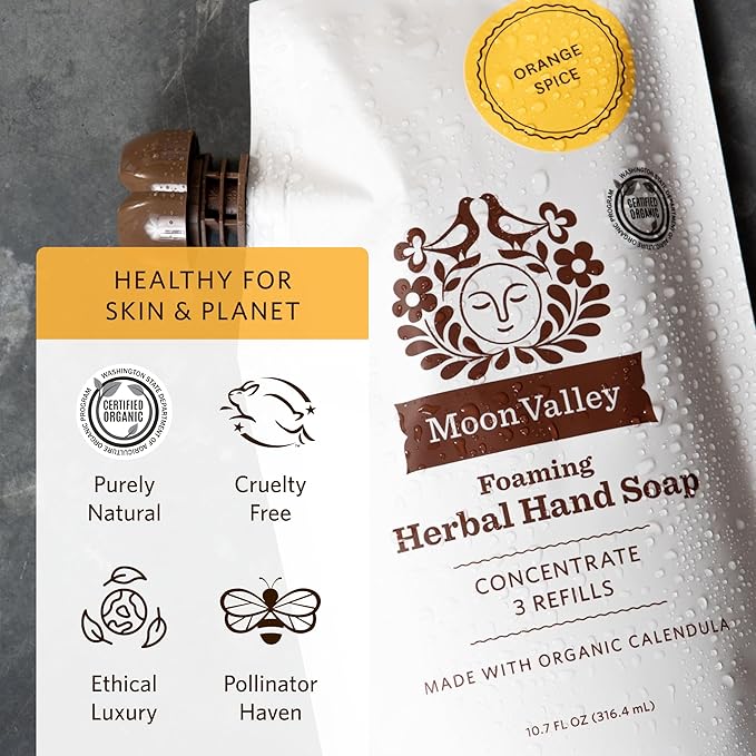 Moon Valley Foaming Hand Soap Refill Pouch, Two-Pack Orange Spice Soap, Vegan and Non-GMO, Environmentally Friendly Option