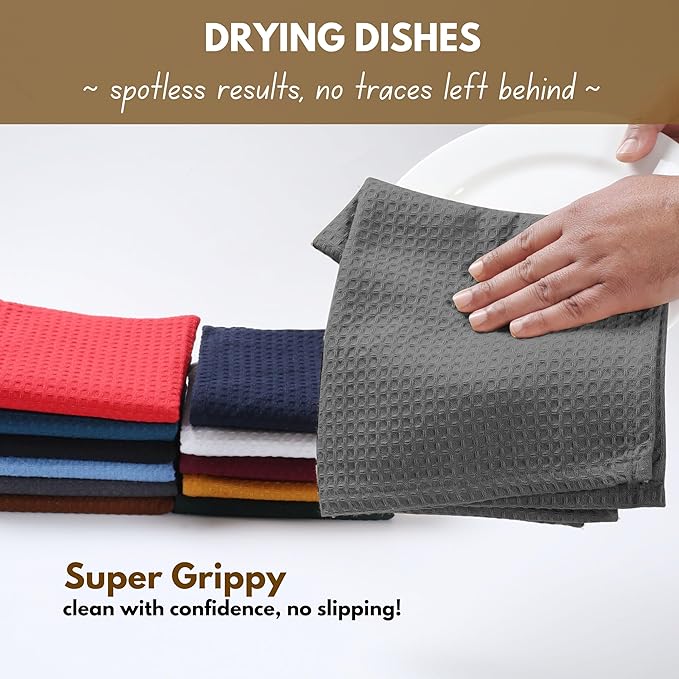 Native Fab Cotton Kitchen Towel with Hanging Loop 16x26 inches, 4-Pack, Waffle Weave Kitchen Towels for Cleaning Drying, Washcloths Soft & Absorbent Cloth Rags, Bar Towel, Dish Cloth, Grey