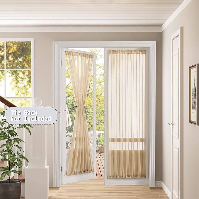 Tollpiz Sheer Door Curtain Closet Linen Textured Curtains Sheer Doorway Light Filtering Voile Patio Glass Door Rod Pocket Curtain French Door, 54 x 72 inches Long, Beige, Set of 1 Panel