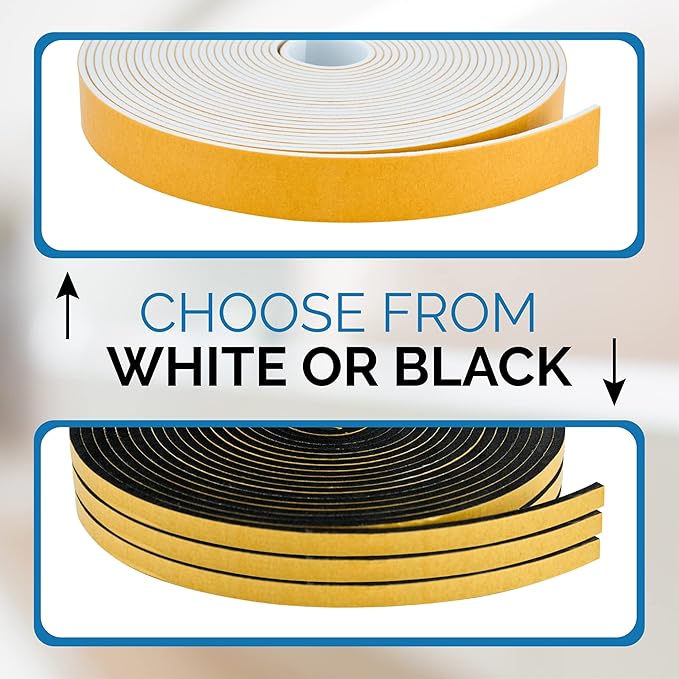 High Density Foam Weather Stripping Door Seal Strip Insulation Tape Roll for Insulating Door Frame, Window, Air Conditioner | Self Adhesive Sealing Weatherstrip (White, 1 in x 1/8 in x 30 Ft)