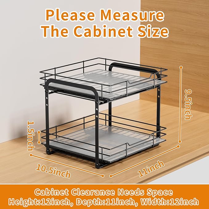 RCHYFEED Spice Organization for Cabinet,2 Tier Pull out Spice Rack Organizer for Inside Cabinets & Pantry, Slide out Heavy Duty Spice Shelf Rack for Kitchen Seasoning (11.5" Wx10.5 Dx9.5 H)
