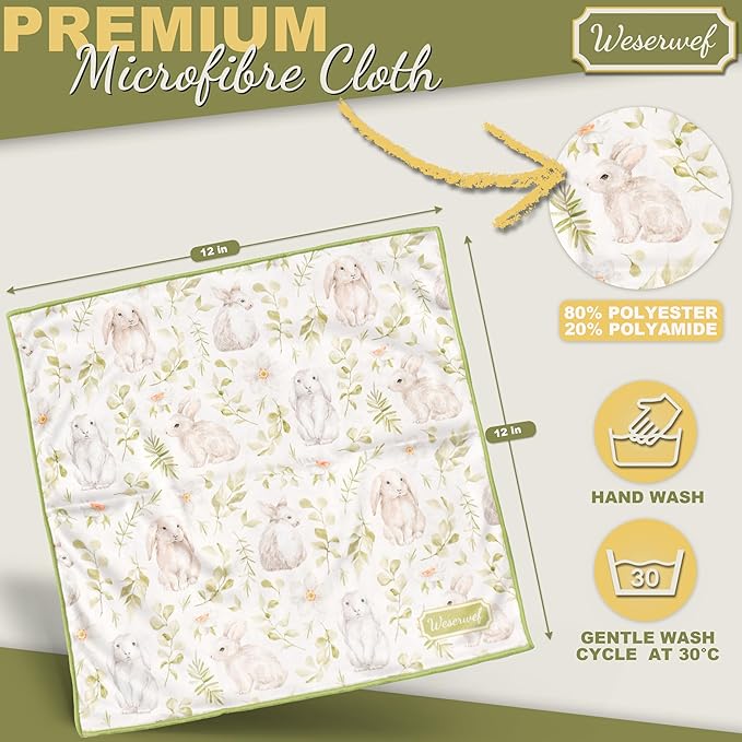 WESERWEF Design Microfiber Glasses Cleaning Cloth – Premium Cleaning Cloth for Eyeglasses, Screens, Tablets, Cameras & Lenses, 12" x 12", Ultra-Soft & Scratch-Free (Rabbits)