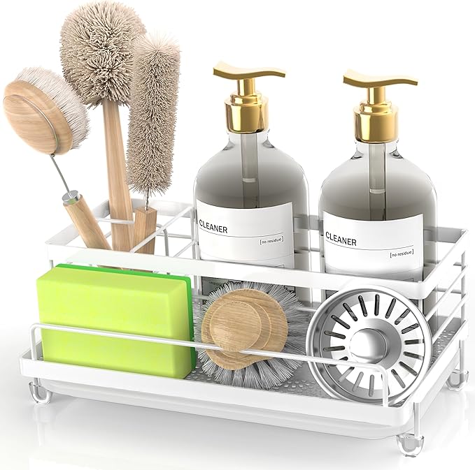 Cisily Sponge Holder for Kitchen, Sink Caddy Organizer, Kitchen Sink Accessories with Drip Tray, Rustproof and Non-Slip Kitchen Sink Sponge Holder, Kitchen Essentials for New Home（White）