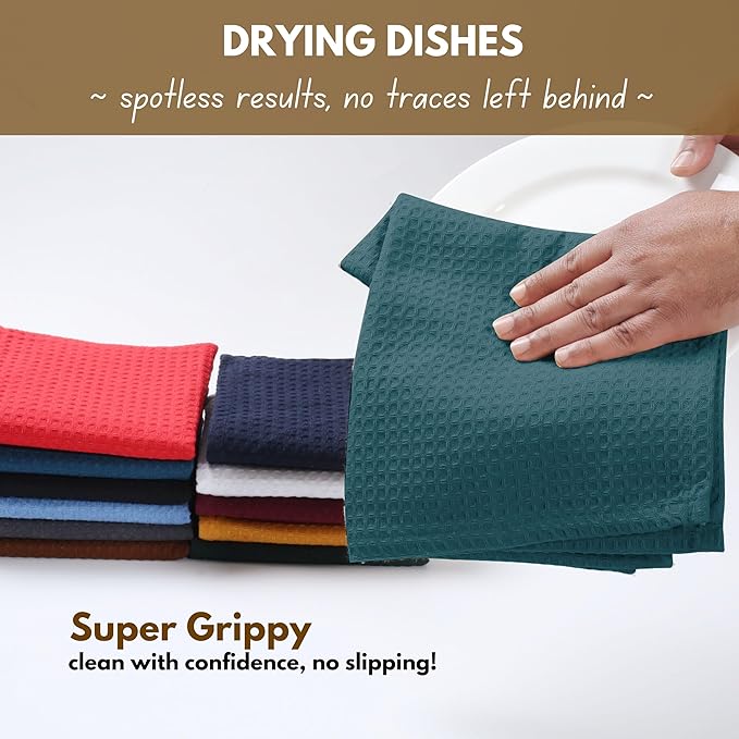 Native Fab Waffle Weave Kitchen Towels, 4 Pack, 16x26 inches, 100% Cotton, Soft & Absorbent Towel with Hanging Loop, Ideal for Cleaning & Drying, Dish Cloths, Bar Towels, Teal Green