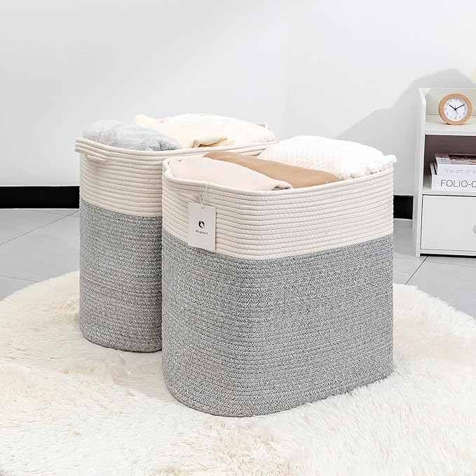 Storage Baskets for Clothes Fabric Cotton Rope Storage Basket with Handles, Decorative Woven Basket for Living Room,Closet Organizer Blankets, and 2bags (Silver Gray, L17.8×W12.5×H17.9)