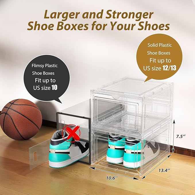 Mitees 10 Pack XX Large Thicken Sturdy Hard Plastic Clear Stackable Shoe Storage Boxes for Size 12, Sneaker Shoe Rack Containers Holders Bins Display Case Organizer for Closet, White