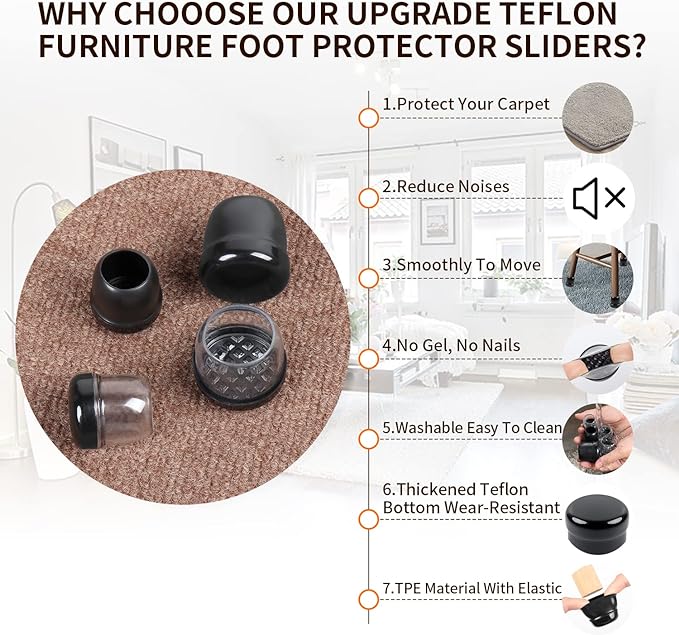 Ezprotekt 24 Pcs Black Chair Leg Sliders for Carpet, Round Teflon Furniture Glides for Rug, Carpet Sliders Protectors Caps for Couch, Dining Chair, Table Legs, Bar Stool Legs (M Fit: 7/8" to 1")