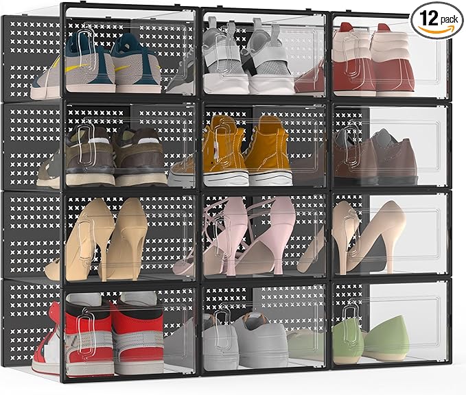 12 Pack XX-Large Modular Clear Plastic Stackable Shoe Storage Organizer for Closet, Space Saving Versatile Sneaker Shoe Rack Containers Bins Holders, Portable Closet Organizers and Storage, Black