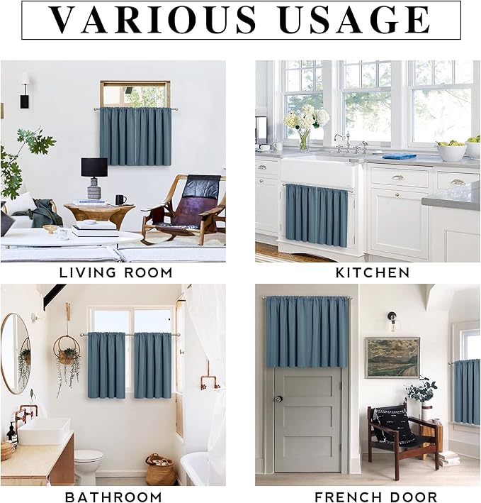 RYB HOME Small Curtains Blackout - Privacy Energy Efficiency Mini Curtains for Kids Bedroom RV Camper Windows Trailer Bathroom Kitchen Cabinet Door Window, W 29 x L 36, Slate Blue, 2 Panels