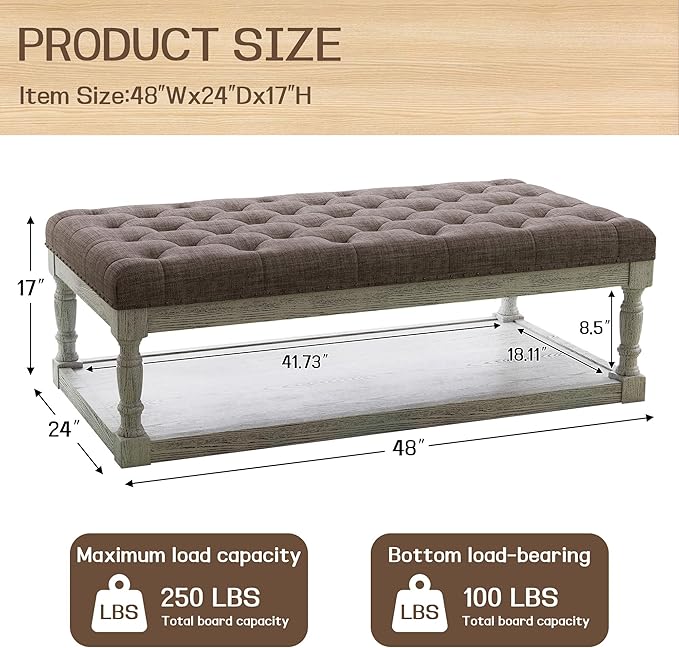48" Large Ottoman with Storage Coffee Table, Upholstered Tufted Linen Ottoman Bench with Solid Wood Shelf for Living Room, Bedroom, Holds 250lbs (Light Gray)