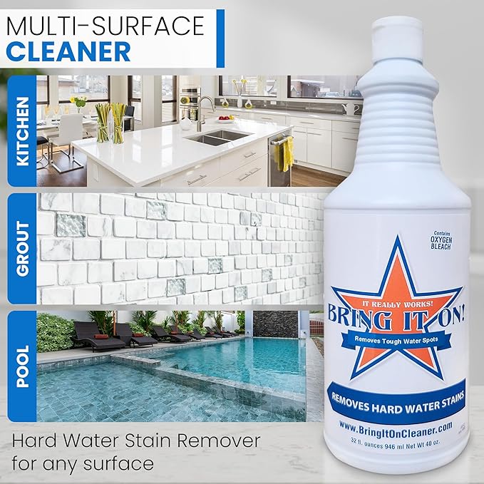 BRING IT ON! CLEANER Water Spot Remover Plus 2 Drill Brushes, Clean Tile, Cleaning Drill Scrub Brush, Cleaning Brush For Drill, Drill Brush Attachment (32 oz)