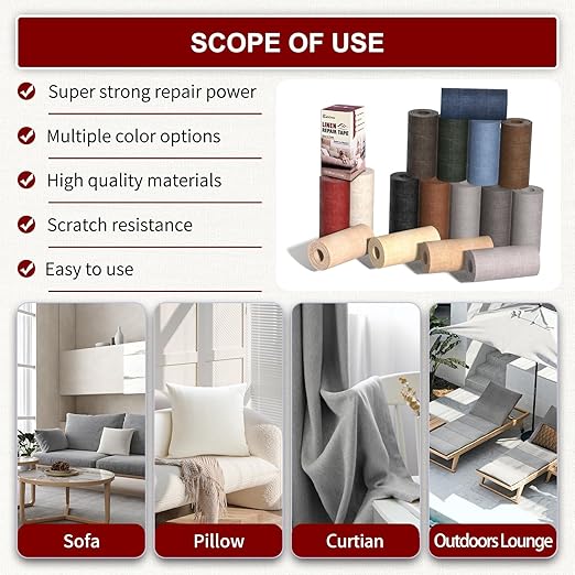 Linen Repair Tape 4x79 inch, Self Adhesive Fabric Patches, Linen Patch Tape Kit, Fabric Repair Tape for Couch Sofas, Headboards, Chairs, Pillows, Curtains, Couches - Dark Red
