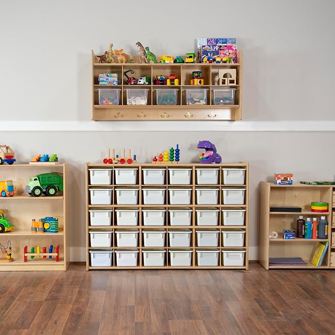 Wood Designs Cubby Storage Bin, Heavy Duty Plastic Containers for Kids White Cubby Tray Set of 30