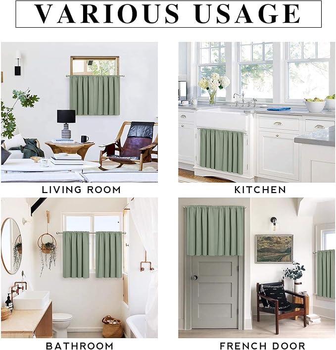 RYB HOME Blackout Curtains for Small Window - Thermal Insulated Privacy Curtains Shades for Kitchen Bathroom Cafe Dorm Loft, W 34 x L 45 inch per Panels, Sea Green, 2 Pcs