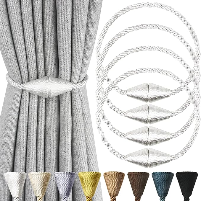 4 Pack Magnetic Curtain Tiebacks Rope Modern Handmade Curtain Tie Backs Decorative Drapes Weave Holdbacks for Window Décor, Silver