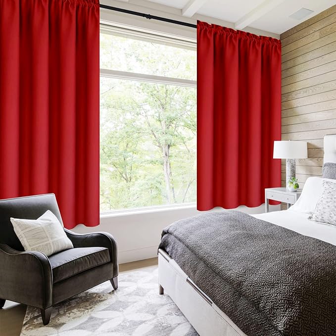 DWCN Christmas Blackout Curtains Room Darkening Thermal Insulated Bedroom Curtains Window Treatments, 42 x 45 inches Long, Set of 2 Red Rod Pocket Drapes