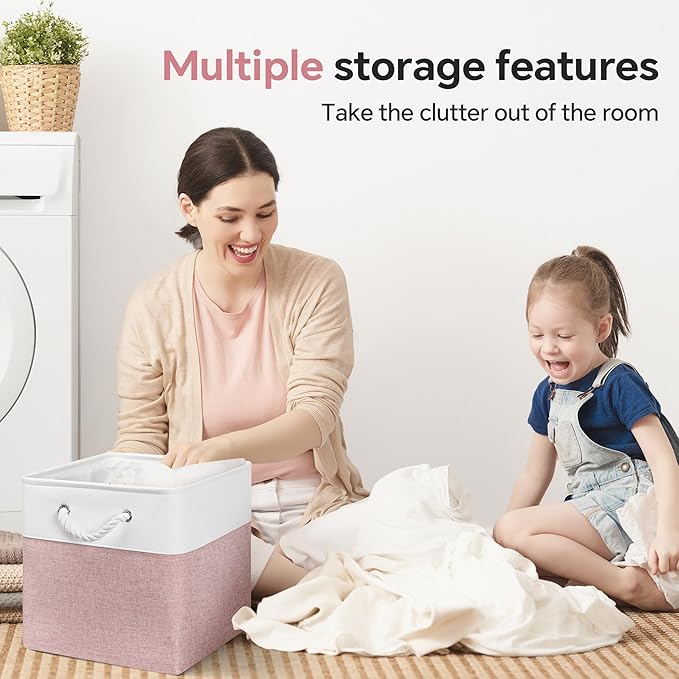 13x13 Inch Cube Storage Bins with Reinforced Bottom Cardboard, 6 Pack Large Collapsible Fabric Storage Cubes with Handles for Shelf, Closet, Toy, Laundry Organization (White&Pink)