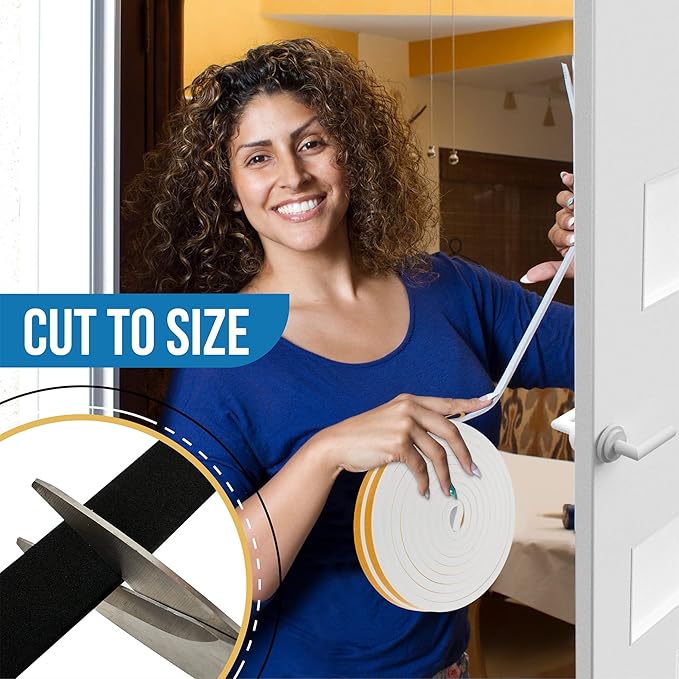 High Density Foam Weather Stripping Door Seal Strip Insulation Tape Roll for Insulating Door Frame, Window, Air Conditioner | Self Adhesive Sealing Weatherstrip (White, 1/4 in 1/8 in 50 Ft)