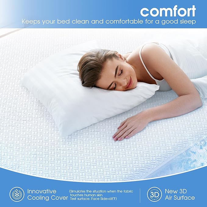 Cooling Waterproof Mattress Protector Queen Size, Mattress Cover 3D Air Fabric Mattress Pad Cover Smooth Soft Breathable Noiseless, 8''-21'' Deep Pocket