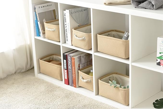 Organization and Storage Basket for Gifts Empty - 12x8x5.2 inch Small 6 Pack Collapsible Storage Box for Organizing, Fabric Storage Cubes for Cloth Books Laundry Canvas(Beige)