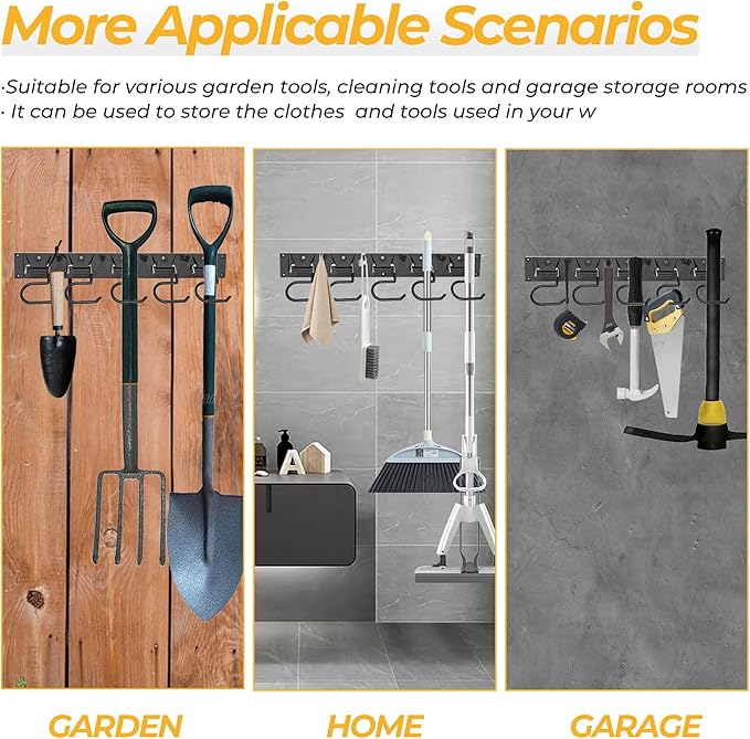 51 Inch Garden Tool Organizer Wall Mount with Non Slip Rubber Coated Metal Hooks, Storage Rack for Indoor/Outdoor Shovel, Rake, Mop and Broom Holder Wall Mount （ 15 Hooks+15 Holders