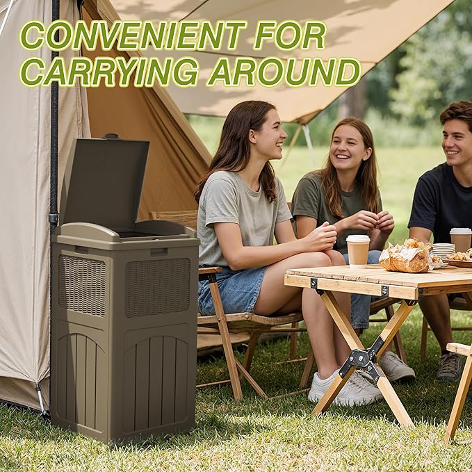 Greesum 33 Gallon Resin Outdoor Trash Can with Lid, Waterproof Resin Garbage Bin for Hideaway, Patio, Deck, 4 Pack, Light Brown