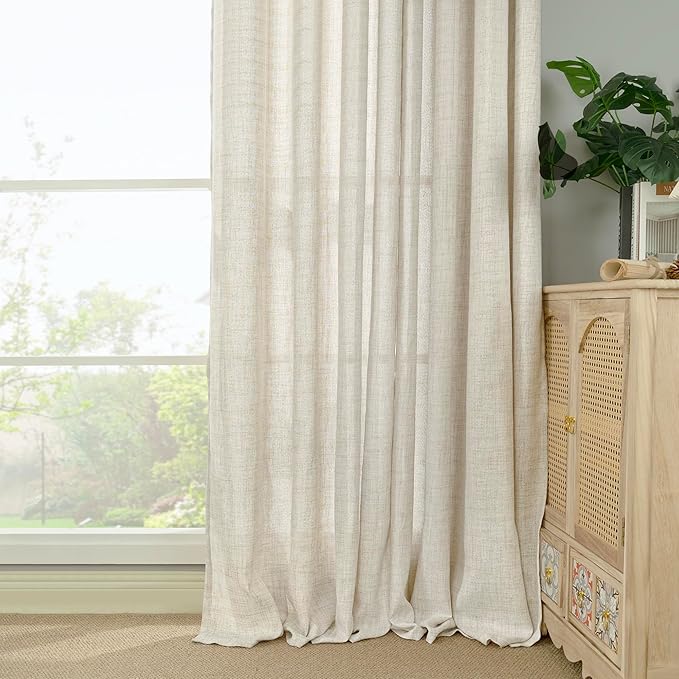 YoungsTex Linen Curtains 95 Inch Length for Living Room 2 Panels, Cream Semi Sheer Window Treatments with Rod Pocket Back Tab Light Filtering for Bedroom Dining Room Office, 52 X 95 Inch