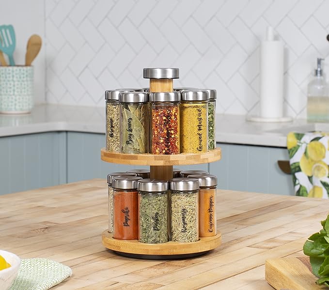 Orii 16 Jar Spice Rack with Spices Included - Rotating Countertop 2 Tier Tower Organizer for Kitchen Spices and Seasonings, (Bamboo Wood)