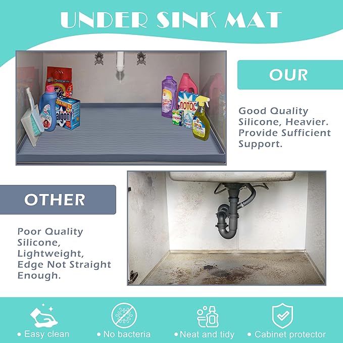 URMONA Waterproof Silicone Under Sink Mat 34'' x 22'' Shelf Liner for Kitchen and Bathroom, Cabinet and Counter Protector, Storage and Organizers, Litter Mat, Pet Cat Puppy Essentials(Light Grey 1pcs)