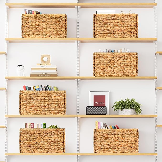 SpaceAid 6 Pack Wicker Basket, Storage Baskets for Organizing, Woven Rattan Basket with Handles for Shelves, Water Hyacinth Large Cube Organizer Storage Bin, 13x8.2x7 inch, Natural