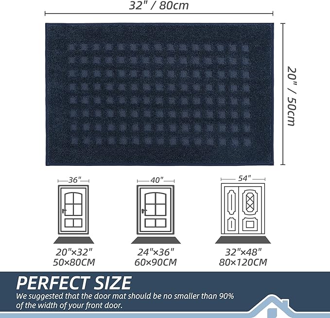 BEQHAUSE Waffle Door Mats Indoor 20"x32", Dog Mat for Muddy Paws Absorbent and Dirt Resist Floor Mats Non-Slip Washable Rugs for Entryway, Welcome Mat for Front Back Door, Muddy Wet Shoes, Navy Blue