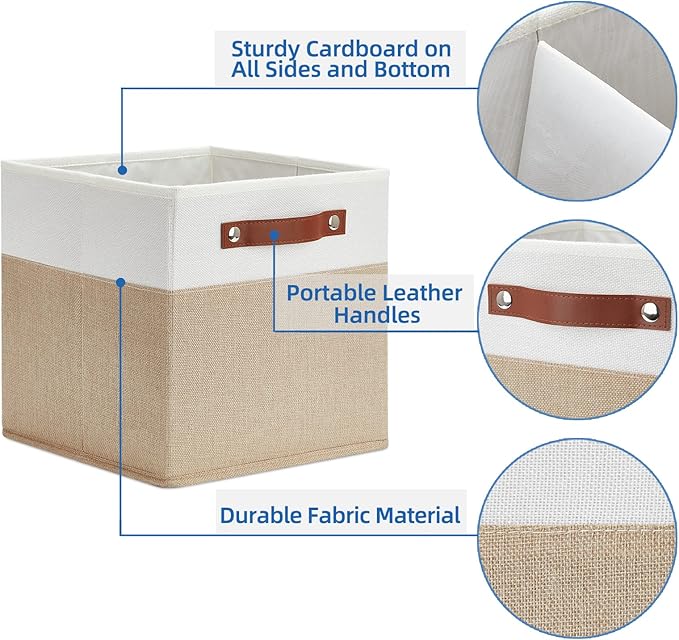 Temary Fabric Storage Cubes Bins, 11 inch Cube Storage Baskets, Foldable Cube Bins Set with Handles, Decorative Storage Boxes for Home Organizing (White & Khaki, 11 x 11 x 11)