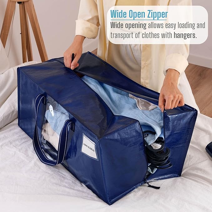 VENO 2 Pack Moving Bags Extra Large Storage Bags for College Move-In, Heavy-Duty Storage Totes, Packing Boxes, and Wardrobe Moving Supplies - Durable Laundry Bags for Clothes (Blue w/Window, 2 Pack)