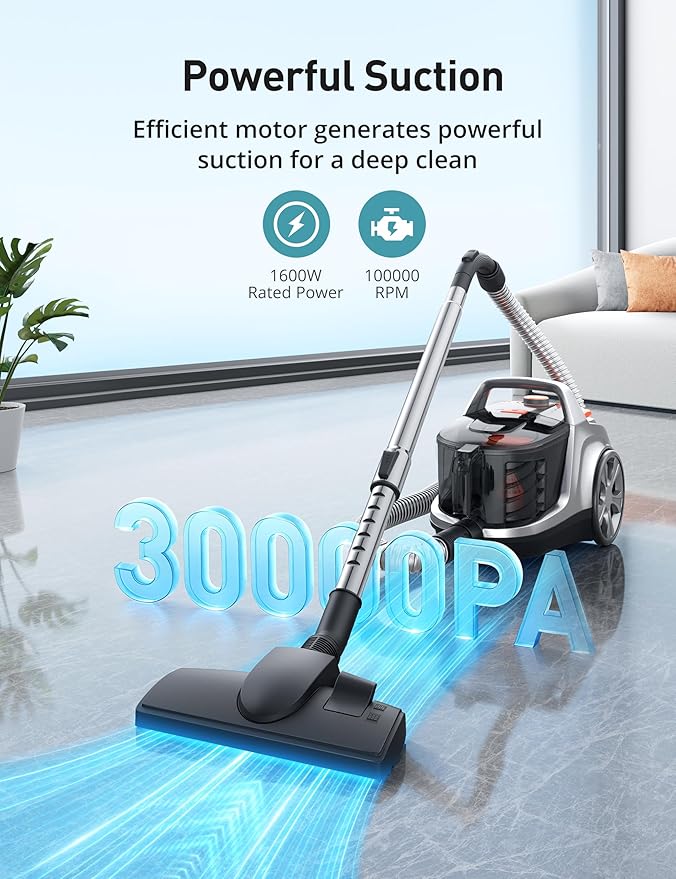 Aspiron Canister Vacuum, Upgraded 1600W Bagless Canister Vacuum Cleaner, Auto Cord Rewind, H13 HEPA Filter, 3.7Qt Large Capacity, 5 Tools for Hard Floors, Carpet, Pet, Upholstery, Tiles, Persimmon