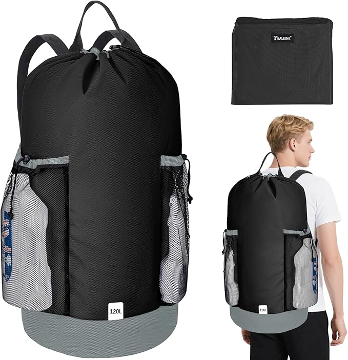 BALEINE 120L Laundry Bag Backpack, 900D Oxford Fabric Large Travel Laundry Bags with Shoulder Straps and 2 Mesh Pockets for College Dorm, Apartment, Laundromat (Black, 120L)