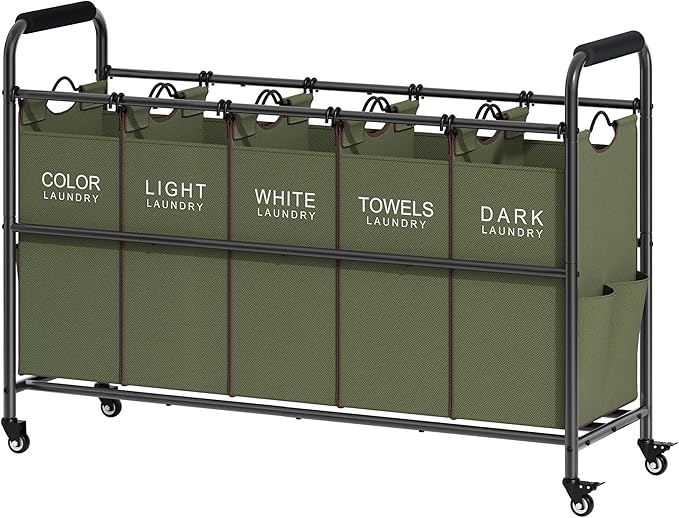 Tajsoon 5 Sections Laundry Sorter, Laundry Hamper with Heavy Duty Lockable Wheels and Removable Bags, 5 Bag Laundry Sorter Cart for Dirty Clothes Storage, Laundry Separator Hamper, Green