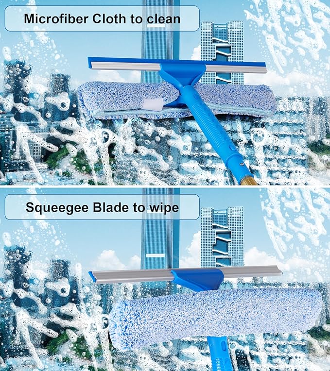 2 in 1 Window Squeegee Cleaning Kit with Aluminum Alloy Extension Poles, Scrubber, Glass Scrapper, Bendable Duster,2 Scrubber Cloth for Window, Car, Floor, Home, Garden