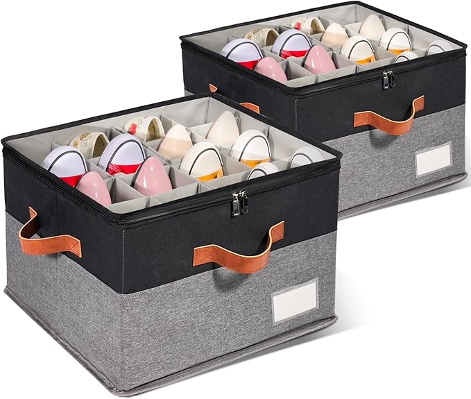 2 Pack Shoe Organizer for Closet, Adjustable Shoe Box Storage Containers, Large Foldable Shoe Bins with Clear Cover, Space Saving Shoes Holder with 4 Handles, Fits 16-32 Pairs, Black