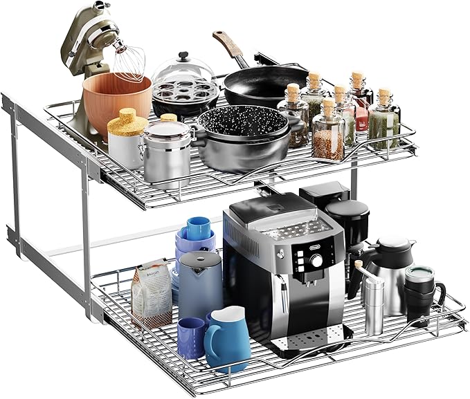 HOLDN’ STORAGE Two Tier Pull Out Cabinet Organizer, Individual Sliding Drawers - Heavy Duty Metal with Lifetime Limited Warranty - Anti Rust Chrome Finish - 26" W x 21”D x 16.5" H