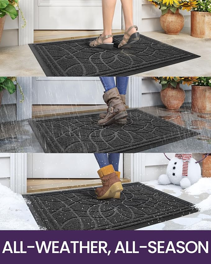DEXI Front Door Mat Outside Entrance, Heavy Duty Non Slip Low Profile Doormat for Entryway, Trap Dirt and Moisture Welcome Mats, Easy Clean, Patio, Garage, 17x29, Grey