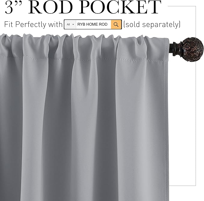 RYB HOME Bathroom Window Curtains - Super Soft Blackout Privacy Curtains for Baby Nursery Bedroom Basement Garege Workshop Kitchen Dining Living Room, W 29 x L 30, Silver Grey, 2 Pcs