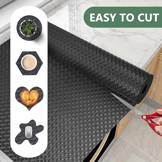 Shelf Liners, Non-Adhesive Drawer Liner, Waterproof & Oil-Proof Kitchen Cabinet Cupboard Liner Plastic EVA Material BPA Free Fridge Liner Mats Paper Protector for Shelves (Black/12in x 120in)