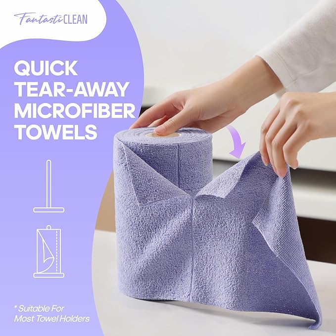 Fantasticlean Microfiber Cleaning Cloth Roll 2 Rolls 120 Pack, Tear Away Paperless Towels, 8" x 8", Reusable Washable Rags, Home Kitchen, Pet, Office, Indoor Outdoor, Portable (Pink and Light-Purple)