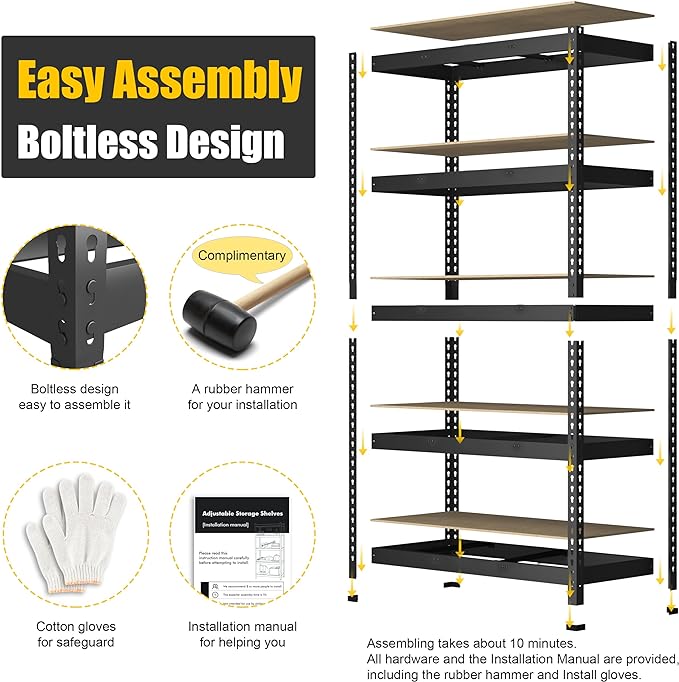 PrimeZone 4 Pack Storage Shelves 48" x 24" x 72", 5 Tier Adjustable Garage Storage Shelving, Heavy Duty Metal Storage Utility Rack Shelf Unit for Warehouse Pantry Closet Kitchen, Black