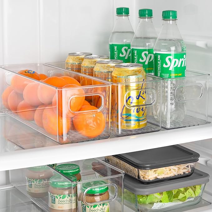 Plastic Food Storage 2 Pack Clear Container Bin with Handles for Organizing Kitchen, Pantry, Refrigerator, Freezer, Pantry, Cabinet, Closet, Bathroom. 14”X4”x4”