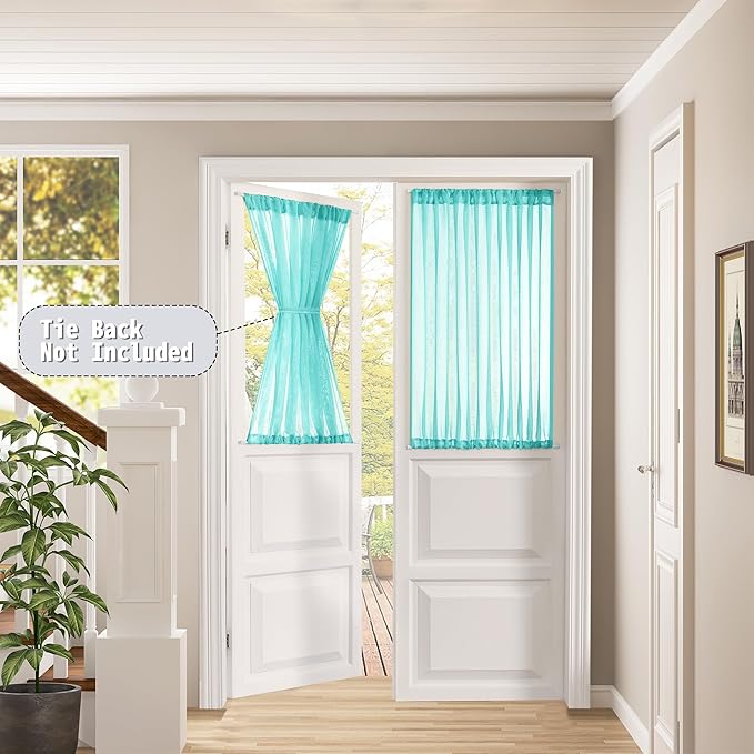 Tollpiz Short Sheer Door Curtain Closet Linen Textured Curtain Sheers Doorway Light Filtering Voile Patio Door Rod Pocket Curtains French Door, 54 x 54 inches Long, Aqua Blue, Set of 1 Panel